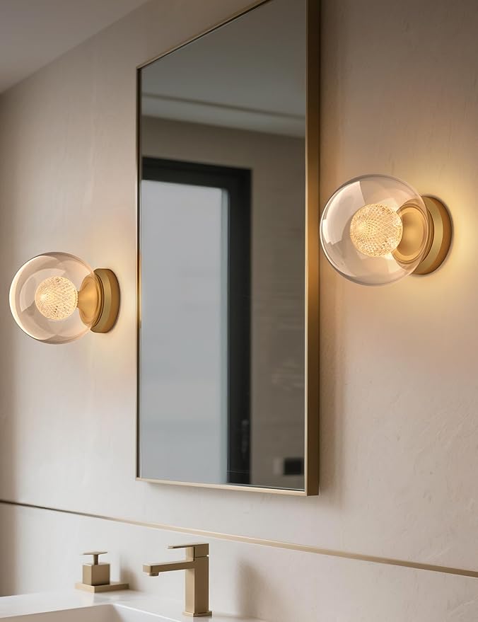 Tubicen Dual-Globe Wall Sconce Gold Dimmable Mid Century Modern Art Deco Wall Sconce 6.7in Glass Round Wall Light for Living Room Bedroom Bathroom Hardwired 3000K