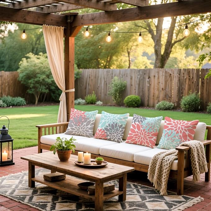 Cirzone Outdoor Pillow Covers 18x18 Set of 4 Morden Flower Patterns Waterproof Throw Outdoor Pillows Boho Decorations for Funiture Patio Garden Home