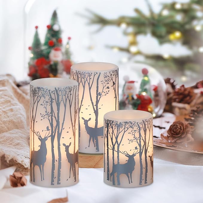 DRomance Silver Deer Flameless Flickering Candles Battery Operated with 6H Timer, 3 Pack Real Wax Warm Light LED Pillar Candles Dinner Tabletop Holiday Centerpiece Decor 3" x 6"