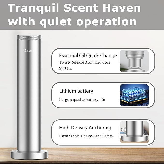 Wireless Hotel Scent Diffuser-Cordless Rechargeable Diffuser for Whole House- Scent Air Machine for Home -App Bluetooth Control -Waterless Essential Oil Diffuser for Large Room, Studio Office -Silver