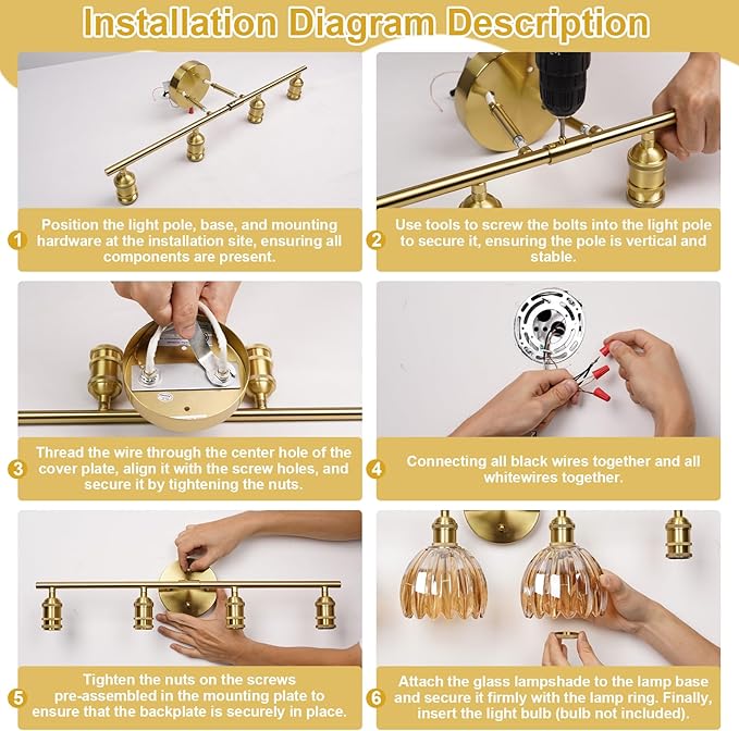 Vintage Bathroom Light Fixtures,4-Light Hardwired Vanity Lights Over Mirror,Gold Wall Sconces with Clear Tulip Glass Shade for Bathroom Living Room,E26 Socket(Bulbs Not Included)