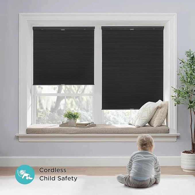 Joydeco No Tools No Drill Blinds for Indoor Windows, Cordless Window Blinds Cellular Shades Top Down Bottom Up Blackout Honeycomb Blinds Thermal Insulated Noise Reduction (Black, 31" W x 64" H)