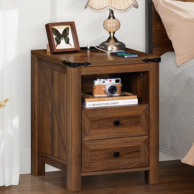 Nightstand with Charging Station and USB Port, Farmhouse Side End Table with 2 Drawers and Open Shelf, Wood Rustic Sofa Table, Bedside Cabinet for Bedroom, Living Room, Closet, Office(Brown)