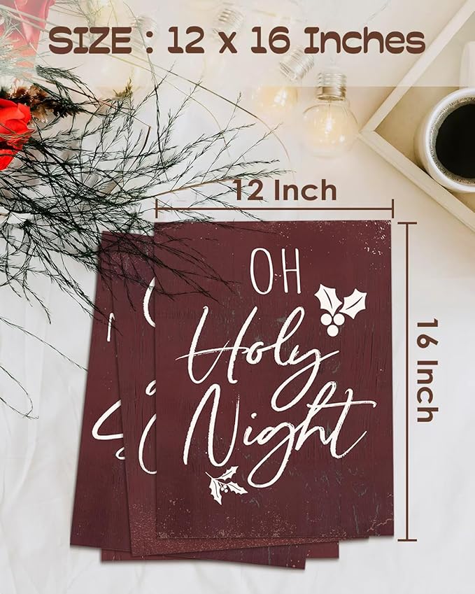 Wheatwin Vintage Christmas Wall Art Prints Set of 4, O Holy Night Sign, Christian Rustic Christmas Red Xmas Religious Decor for Bathroom Farmhouse Living Room Bedroom, 12x16 (Unframed)