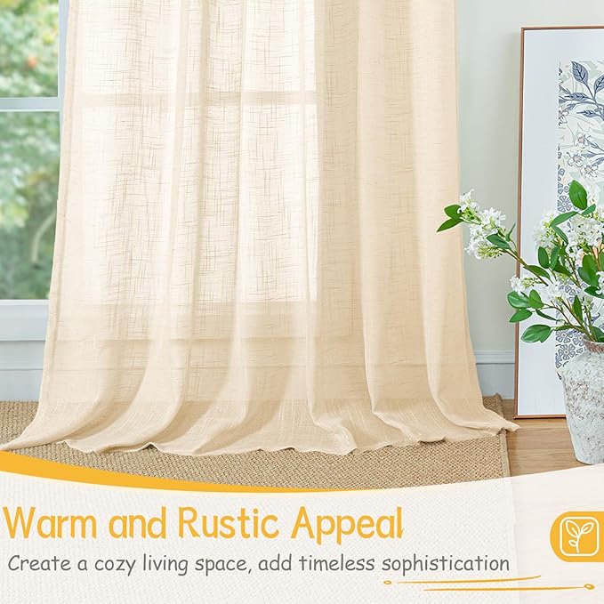 YoungsTex Champagne Linen Semi Sheer Curtains 72 Inch Length for Living Room, Light Filtering Textured Window Treatments Rustic with Rod Pocket Back Tab for Bedroom Dining, 2 Panels, 52 X 72 Inch