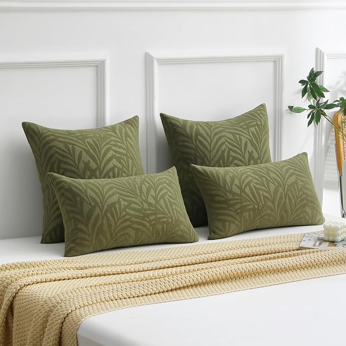 FUTEI Olive Green Decorative Throw Pillow Covers 26x26 Inch Set of 2,Soft Chenille Phoenix Tail Leaf Textured Euro Pillow Shams,Modern Home Decor for Couch Bed Living Room