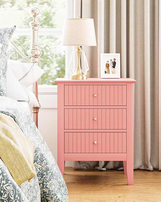 Fluted Nightstand, Farmhouse Night Stand with 3 Drawers, Mid Century Modern Side Accent Table,Bedside End Table for Bedroom, Living Room, Pink