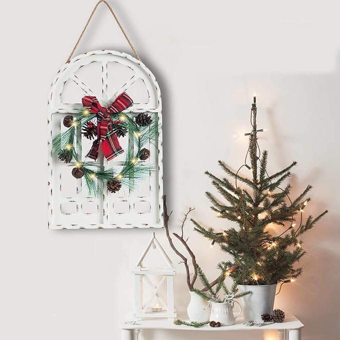 Sunnygalde Indoor and Outdoor Wood Christmas Holiday Wall Hanging Door Decorations Wood Plaqu Signs Christmas Ornament, for Home, School, Office Including Wreath, Wooden Arch and Led Lights (White)