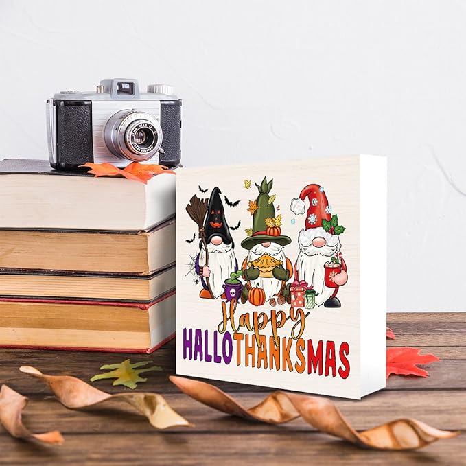 Vintage Gnome Wooden Box Sign Funny Desk Decor Halloween Decorations Fall Decor for Home Farmhouse Table Living Room Tiered Tray Wall Rustic Plaque Block Sign Decorative Thanksgiving Christmas Decor