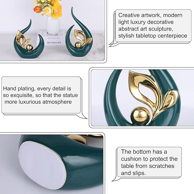 13" H Green Gold Abstract Sculptures Home Decor, Ceramic Art Statue Cool Stuff to Put on Shelves&tv Stand Decor, Gold Accent Entertainment Center, for Fireplace Coffee Table Dining Table Decorate