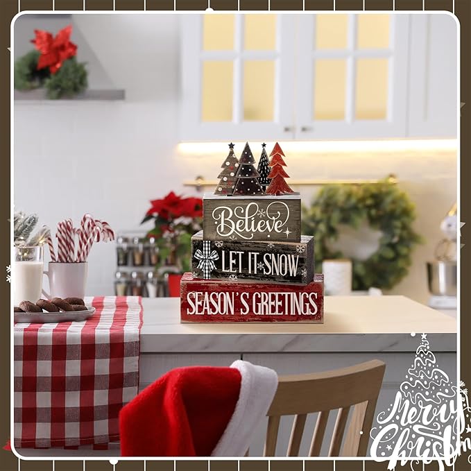 4 Pcs Christmas Table Decor Christmas Tree Centerpiece Rustic Decorative Tree Block Signs Gift Winter Tiered Tray Decor Farmhouse Winter Tabletop Decoration for Home Xmas Party Kitchen Shelf