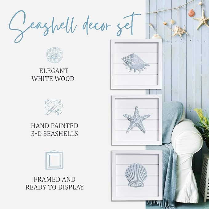 TideAndTales Blue Seashells and Starfish (Framed Set of 3) Coastal 3D Wall Art, Beach Wall Decor for Bathroom or Coastal Bedroom, Ocean Inspired Seaside Decorations for Home or Beach House (7"x7")