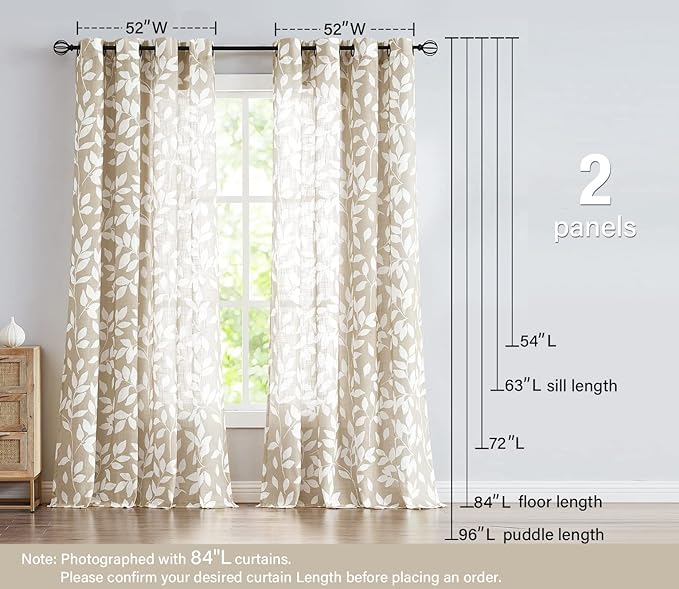 Leaf Print Semi Sheer Curtains of Textile for Living Room 52" x 63" White and Taupe Curtain Panels for Windows, 2 Pack, Taupe, Grommet Top