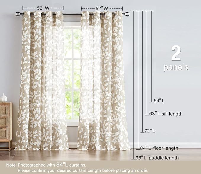 Print Semi Sheer Curtains for Living Room 95-inch Long White Leaf Curtains for Windows 52" Width x 2 Panels, Taupe, Grommet Top