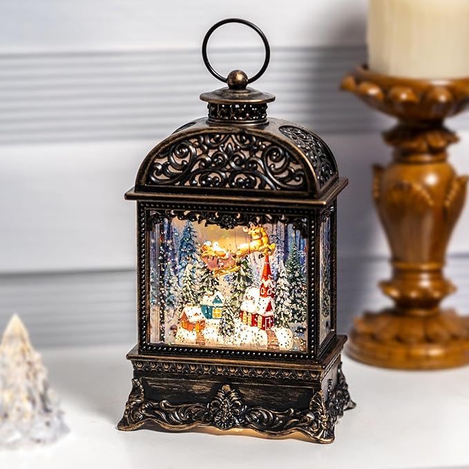 Christmas Snow Globe Lighted Flying Santa Scene, Musical Snow Water Lantern Swirling Glittering Home Decoration and Gift, Battery Operated or USB Powered