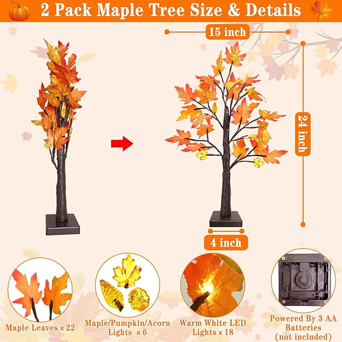 Fall Decorations for Home, 2 Pack 24''/2FT Prelit Fall Maple Tree Thanksgiving Decor Total 48 LED Timer Battery Operated Lighted Pumpkins Acorn Maple Autumn Thanksgiving Indoor Home Table Christmas