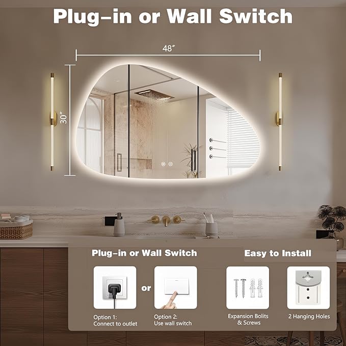 Niccy Irregular LED Bathroom Mirror, 30"x48" Asymmetrical Backlit Vanity Wall Mirrors, Frameless Lighted Mirrors for Bedroom, Living Room, Modern Smart-Mirror with Anti-Fog, Dimmable, Memory Function