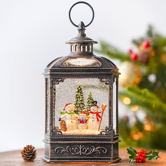 Christmas Snow Globe Lantern Lighted Snowman Family Musical Water Globe with Swirling Glitter, Christmas Holiday Party Gifts and Decorations