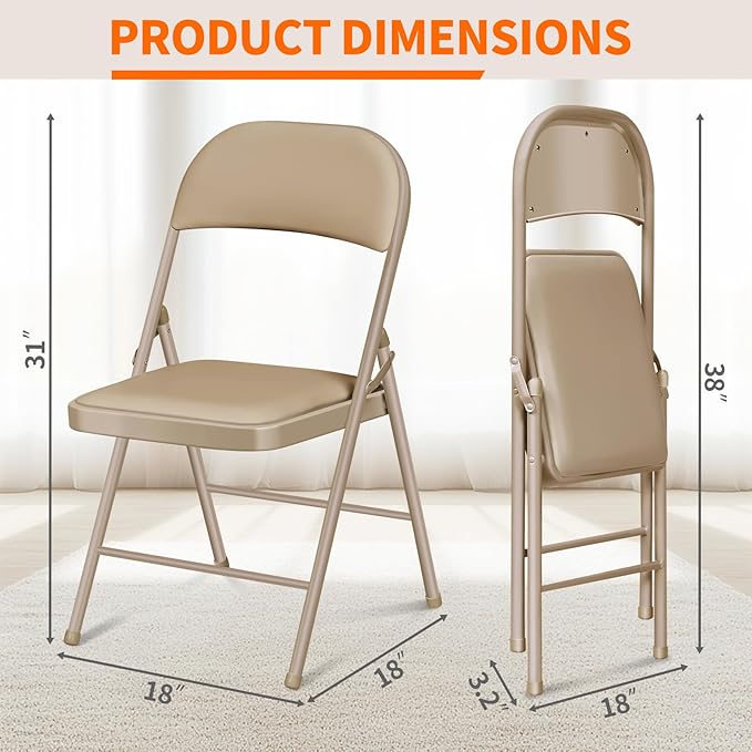 4 Pack Folding Chairs with Cushion – Padded Memory Foam Khaki Seating Space-Saving Foldable Chairs for Indoor Outdoor Weddings, Parties, Backyard & Office Events (Khaki, 4 Pack)