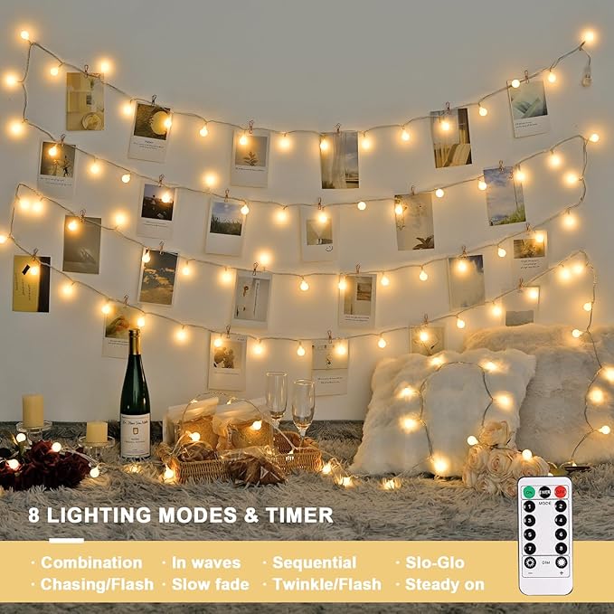 JMEXSUSS Globe Indoor String Lights Battery Operated, 100 LED Battery Powered String Lights Outdoor Waterproof, 33ft Twinkle String Light with Remote Timer for Bedroom Camping Decor, Warm White