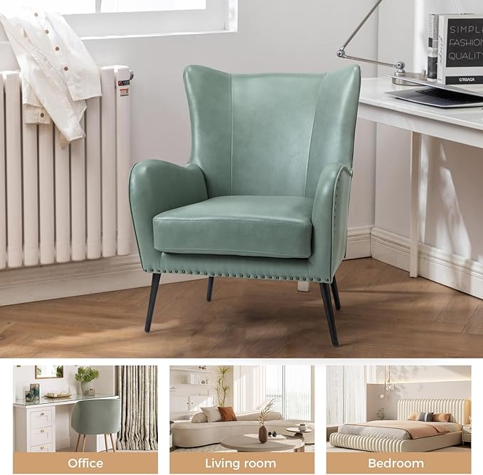HULALA Home Faux Leather Accent Chair w/Removable Cushion, Comfy Upholstered Armchair with Black Metal Legs & Nailhead Trim Wingback Vanity Chair Desk Chair for Bedroom Reading Living Room, SAGE