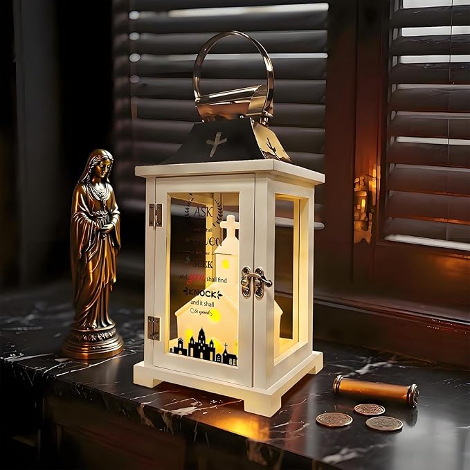 Christmas Village Houses for Table Centerpieces, Christmas Lantern for Modern Farmhouse Decor, Hanging Candle Lantern for Xmas Home Decor Indoor Outdoor, Ceramics Church Figurine