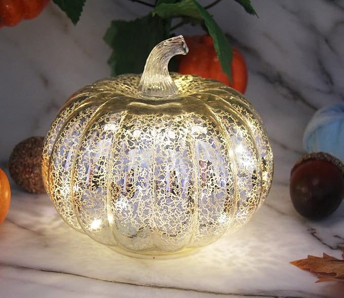 Mercury Glass Pumpkin Light with Timer, with 10 Fairy Lights Inside,Battery Operated Led Pumpkin Light,Ideal for Halloween Fall Decoration, Thanksgiving Rustic Decor, Xmas Decor (Silver)