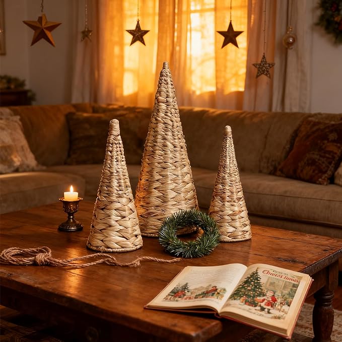 3pcs Woven Water Hyacinth Christmas Trees Decor, Artificial Christmas Tree Decorations for Home Party Table Village Craft Indoor Outdoor Vintage Christmas Decor(Natural)