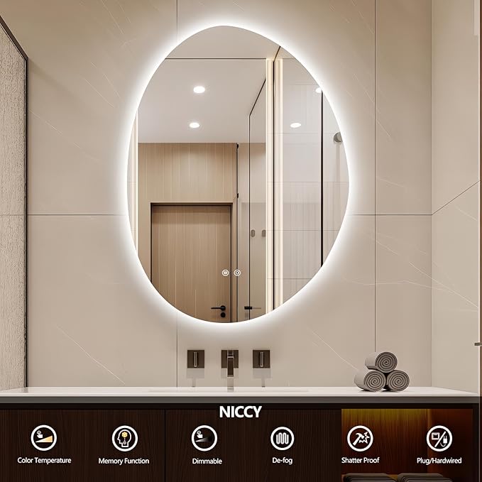 Niccy Irregular LED Bathroom Mirror, 30"x40" Asymmetrical Backlit Vanity Wall Mirrors, Frameless Lighted Mirrors for Bedroom, Living Room, Modern Smart-Mirror with Anti-Fog, Dimmable, Memory Function