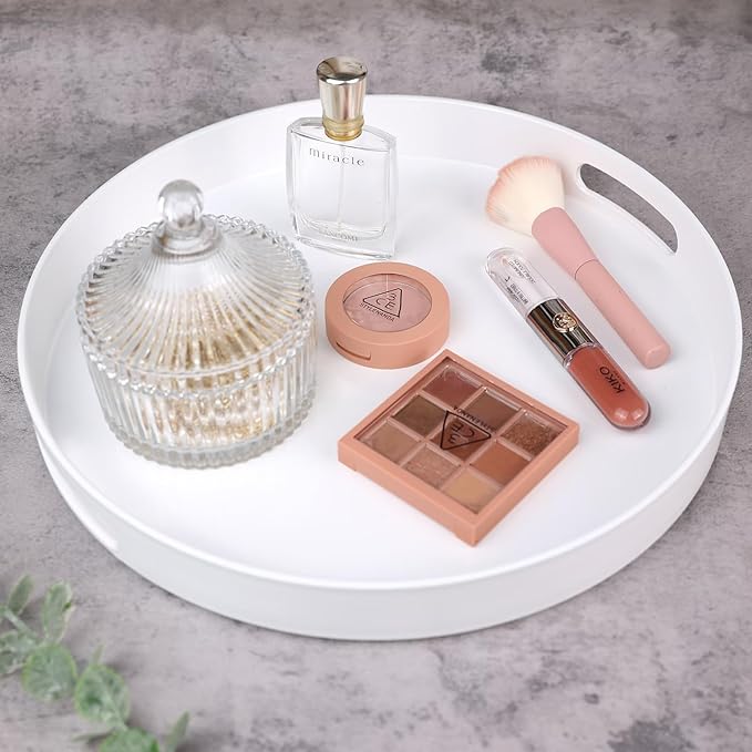 Round White Decorative Serving Tray with Handles, 13” Versatile Ottoman Tray for Coffee Table, Entertaining, Outdoor Patio, Living Room