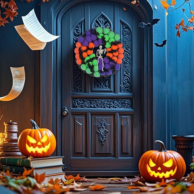 Halloween Wreath, 24inch Halloween Wreaths for Front Door, Pompom Wreaths with bat and Skull for Indoor,Outdoor, Wall, Window Porch Patio Garden Farmhouse Home Party Prom Decoration.