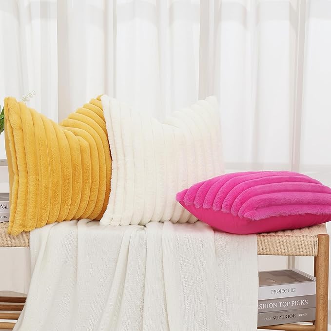 decorUhome Faux Fur Throw Pillow Covers 12x20 Set of 2, Decorative Soft Plush Striped Lumbar Neutral Couch Euro Pillow Covers with Velvet Back for Sofa, Bed, Living Room Home Decor, Hot Pink