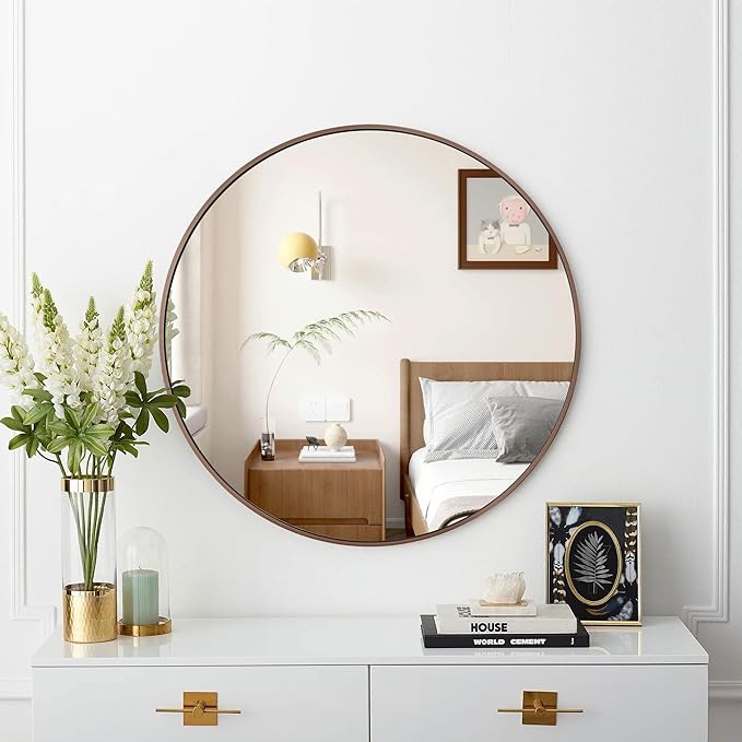 36 inch Circle Wall Mirror, Brushed Bronze Metal Framed Round Mirror for Bathroom Vanity, Bedroom Decor, Living Room, Entryway