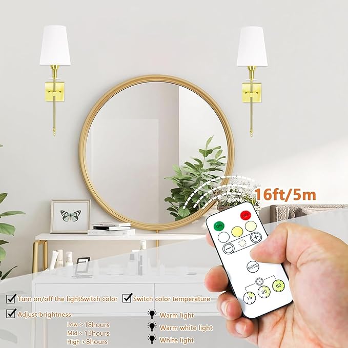 TOOTOO STAR Slim Wall Light Battery Operated Sconce Set of 2,not Hardwired Fixture,Battery Powered Wall Sconce with Remote Dimmable Light Bulb,for Living Room,Bedroom,Bathroom,Hallway