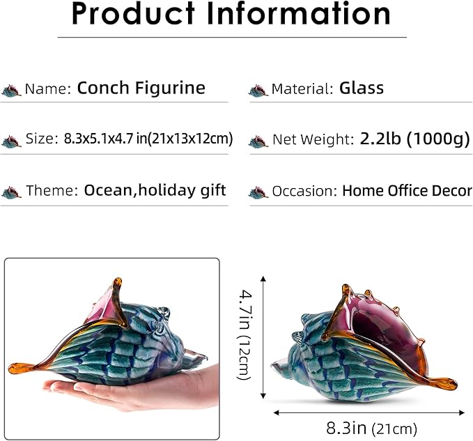EUSTUMA Hand Blown Glass Conch Figurines Ornament,Sea Animal Ornament for Home Decor,Sea Animals Collection for Birthday Gift,Glass Seashell