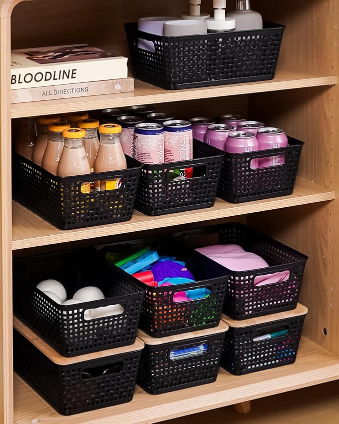 Storage Bins with Lids 6 Packs, Plastic Storage Bins with Bamboo Lids for Pantry Organization and Storage Containers for Shelves Drawers Desktop Closet Office Home, Black