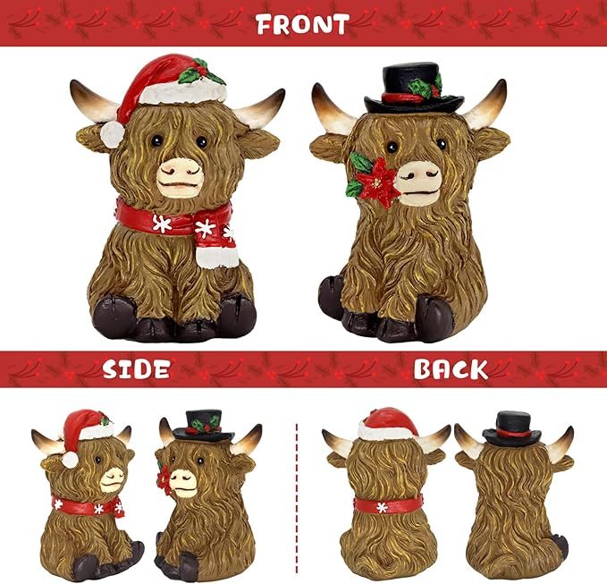 CRCZK Christmas Highland Cow Figurines Decorations for Home, Christmas Indoor Decor - Resin Farmhouse Highland Cow Decor for Christmas Table Mantle Display idea