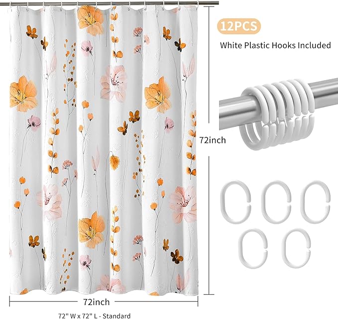 QIYI Watercolor Floral Shower Curtain, 3D Embossed Butterflies Orange Pink Flower Bathroom Curtain, Minimalist White Cloth Bath Curtain, Waterproof Fabric Textured Shower Curtain Set with Hooks, 72x72