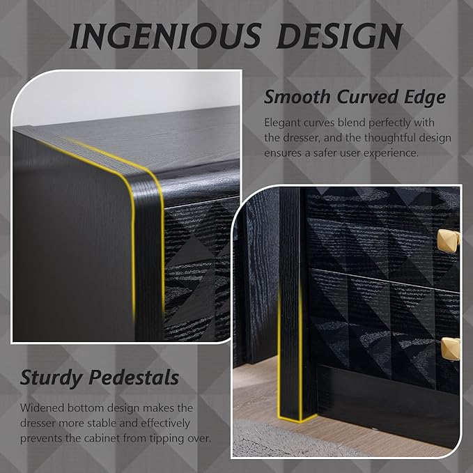 Modern Night Stand Set 2, 23.62" Wide Wood Side Table w/2 Storage Drawers &Open Shelf &Charging Station, Mid Century Modern Bedside w/Diamond Panel Decorate for Bedroom, Curved Profile Design, Black