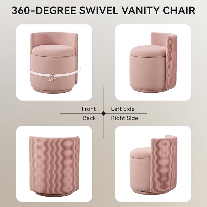 Velvet Vanity Chair with Storage, 360° Swivel Makeup Chair with Wave Back, No Assembly Small Accent Stool for Bedroom, Dressing, Living Room, Pink