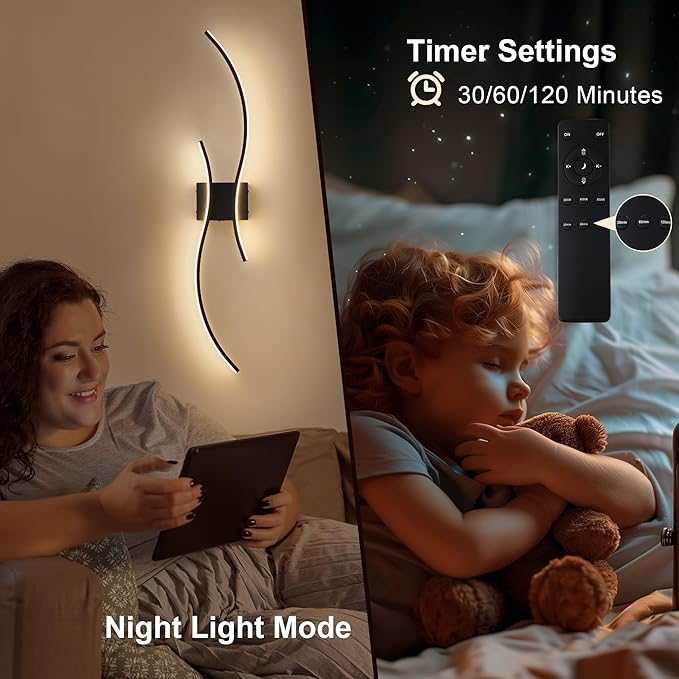 Battery Operated Wall Sconces Set of Two with Remote Control, Stepless Colors 3000K-6000K & Dimming, LED Black Wireless Wall Light for Living Room, Hallway, Bedroom, 39.3 Inch (2 Pack)