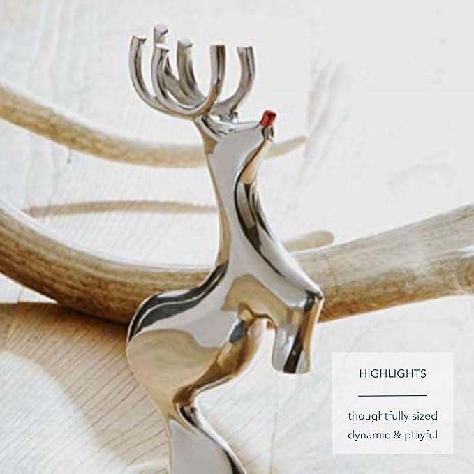 Nambé Red-Nosed Reindeer Holiday Sculpture – Christmas Tabletop Figurine by Alvaro Uribe, Polished Alloy Display for Mantel, Pairs with Sleigh and Reindeer Sets, 9.5” Tall Collectible Decor