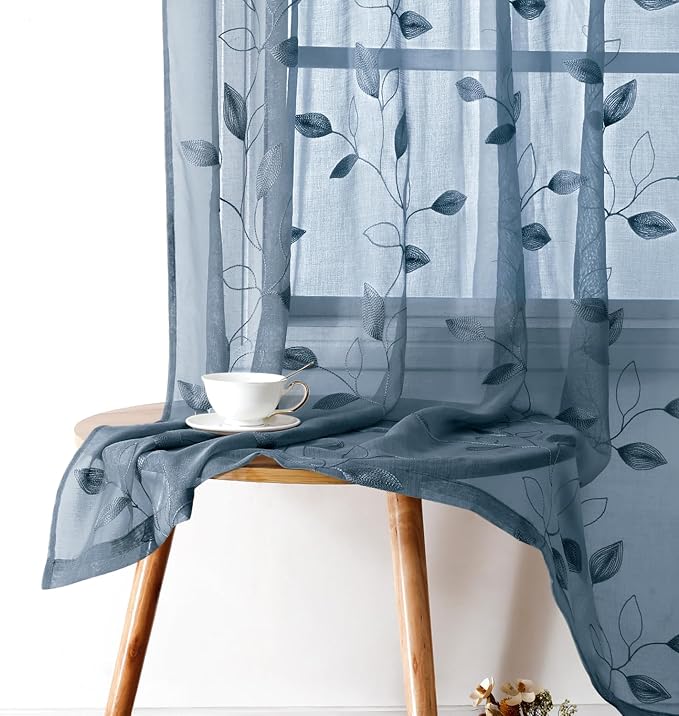 HOMEIDEAS Stone Blue Floral Sheer Curtains 84 Inches Long 2 Panels Embroidered Pattern Semi Sheer Window Curtains for Bedroom Living Room