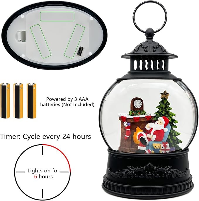 Christmas Snow Globe Lantern with Music & Timer - USB/Battery Operated LED Glittering Globe, Snow Globe Decor for Home Holiday (Santa Claus)