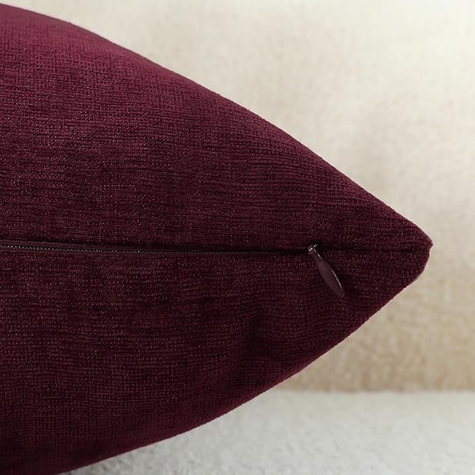 Burgundy Red Chenille Decorative Couch Throw Pillow Covers, Soft Cushion Cases for Home Livingroom Sofa Décor, Pack of 2, 14 x 14 Inches