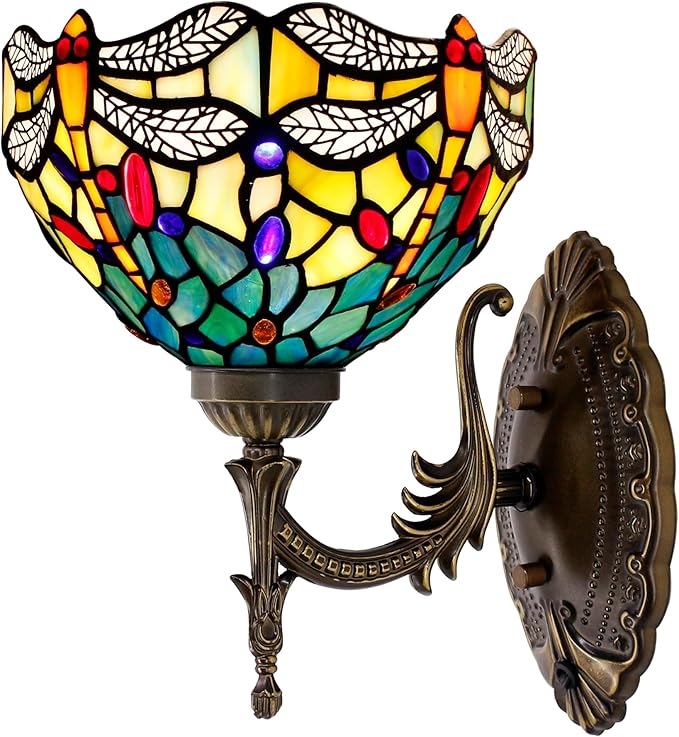 Tiffany Wall Sconce Lamp Blue Stained Glass Flower Style 8X10.5X11 Inch Plug in Wall Bedside Light for Hallway Bedroom (Blue Yellow Dragonfly Style)