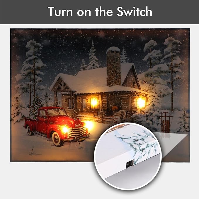 NIKKY HOME 16" x 12" Christmas LED Lighted Canvas Wall Art Prints Light Up Red Truck House and Snowman Picture Winter Snow Scene for Holiday Decor
