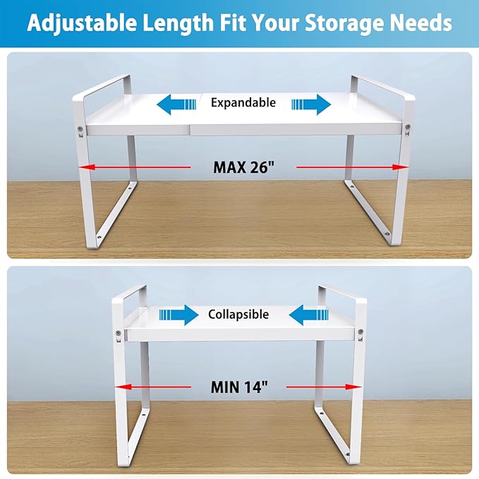 Expandable Cabinet Shelf Organizer 14-25 Inch Adjustable Length, 11" Wide 2-Tier (8" Bottom Layer) Metal Storage Rack for Kitchen Pantry, Under Sink Countertop - Heavy Duty White(2 Pack)