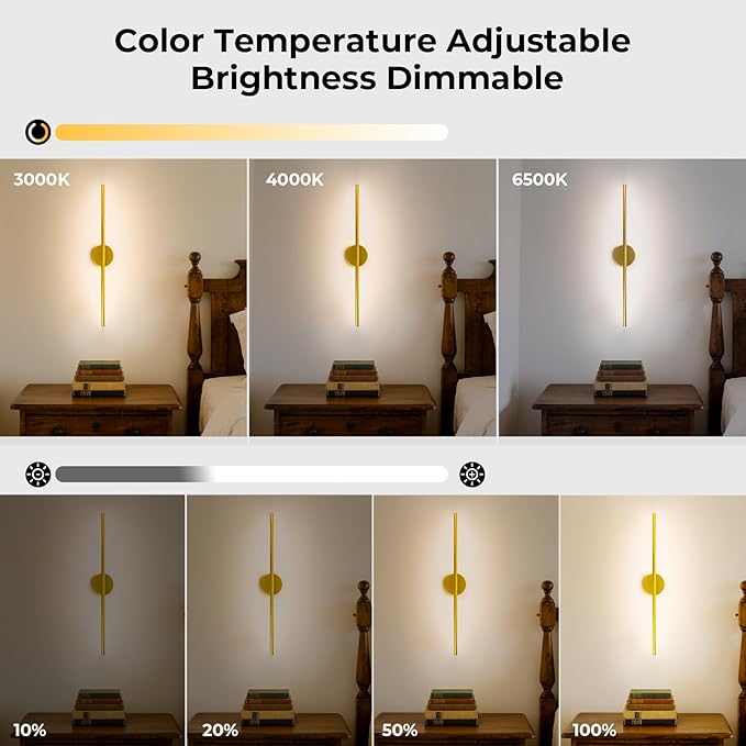 Battery Operated Wall Sconces Set of 2, Detachable Wireless Wall Lamps 360°Rotate, 10000mAh Rechargeable Wall Lights for Bedroom, Living Room,3000-6500K Dimmable, 28 Inch Gold