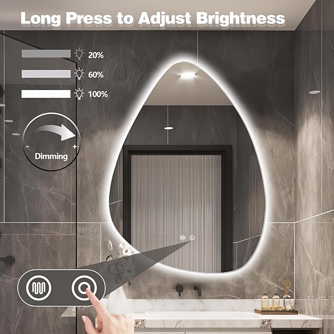 Niccy Irregular LED Bathroom Mirror, 30"x40" Asymmetrical Backlit Vanity Wall Mirrors, Frameless Lighted Mirrors for Bedroom, Living Room, Modern Smart-Mirror with Anti-Fog, Dimmable, Memory Function